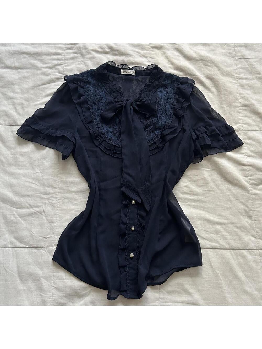 Axes Femme Navy Sheer Lace Bow Ruffle Pearl Button Blouse Medium Japan